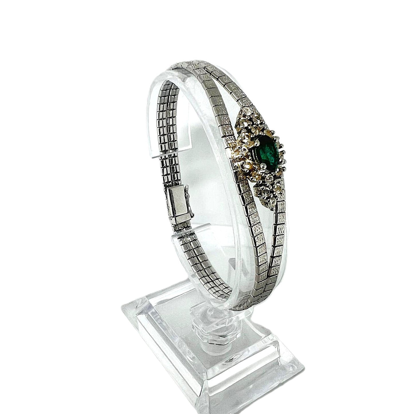 Art-Deco 925 Silberarmband mit smaragdgrünem Kristallstein