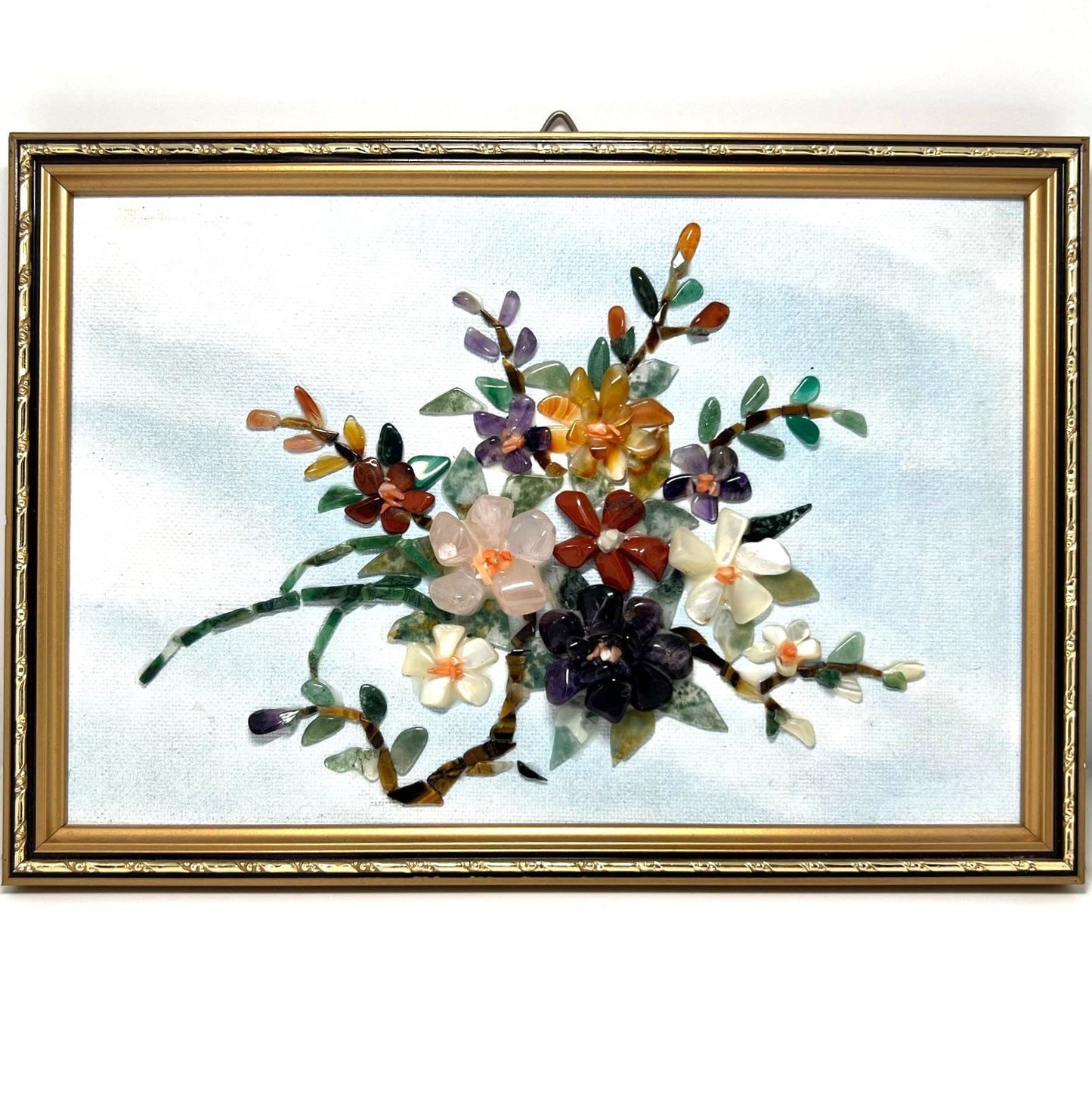 Gemstone Art Blumenbild 1999 – Amethyst Rosenquarz Aventurin, 24,5×17,5 cm