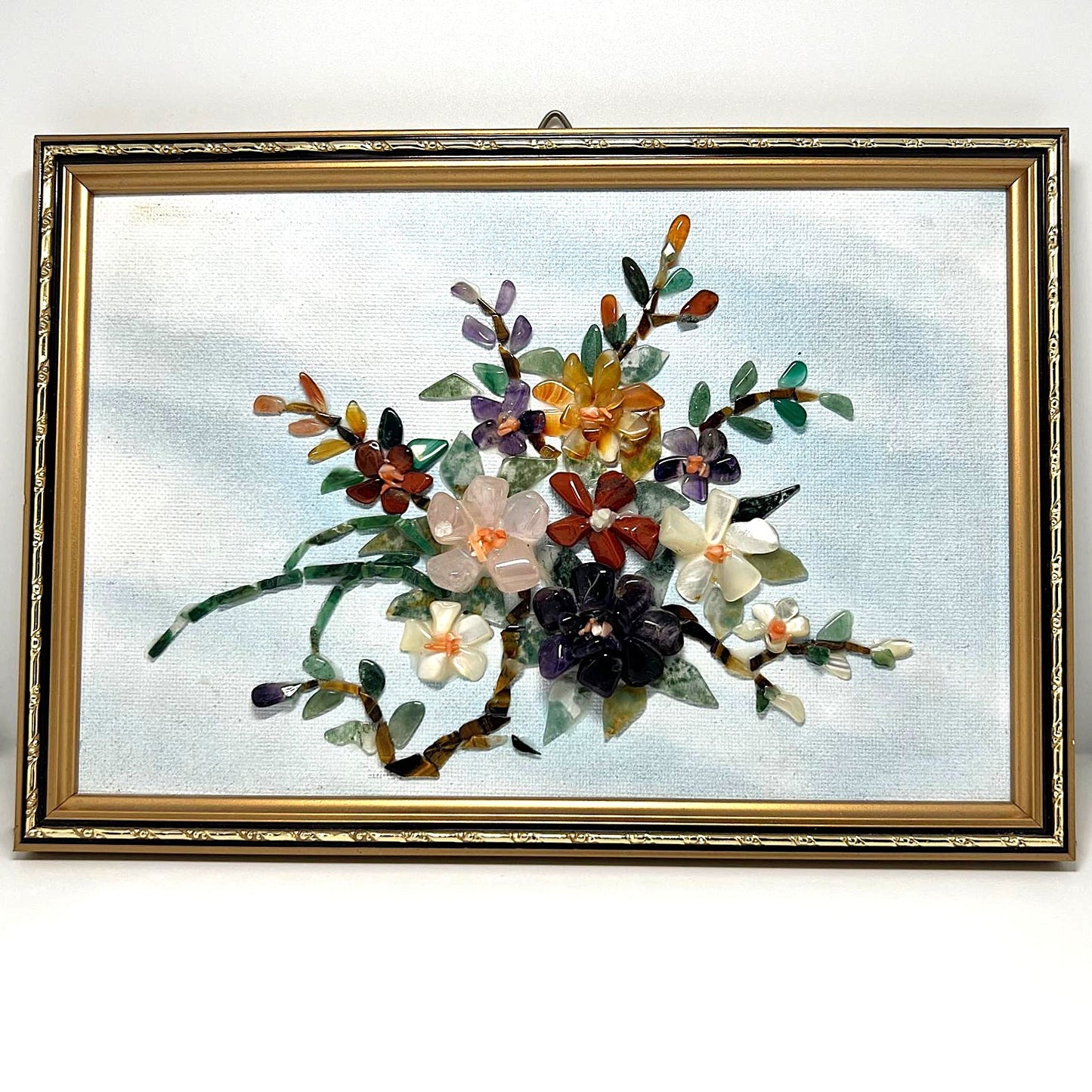 Gemstone Art Blumenbild 1999 – Amethyst Rosenquarz Aventurin, 24,5×17,5 cm