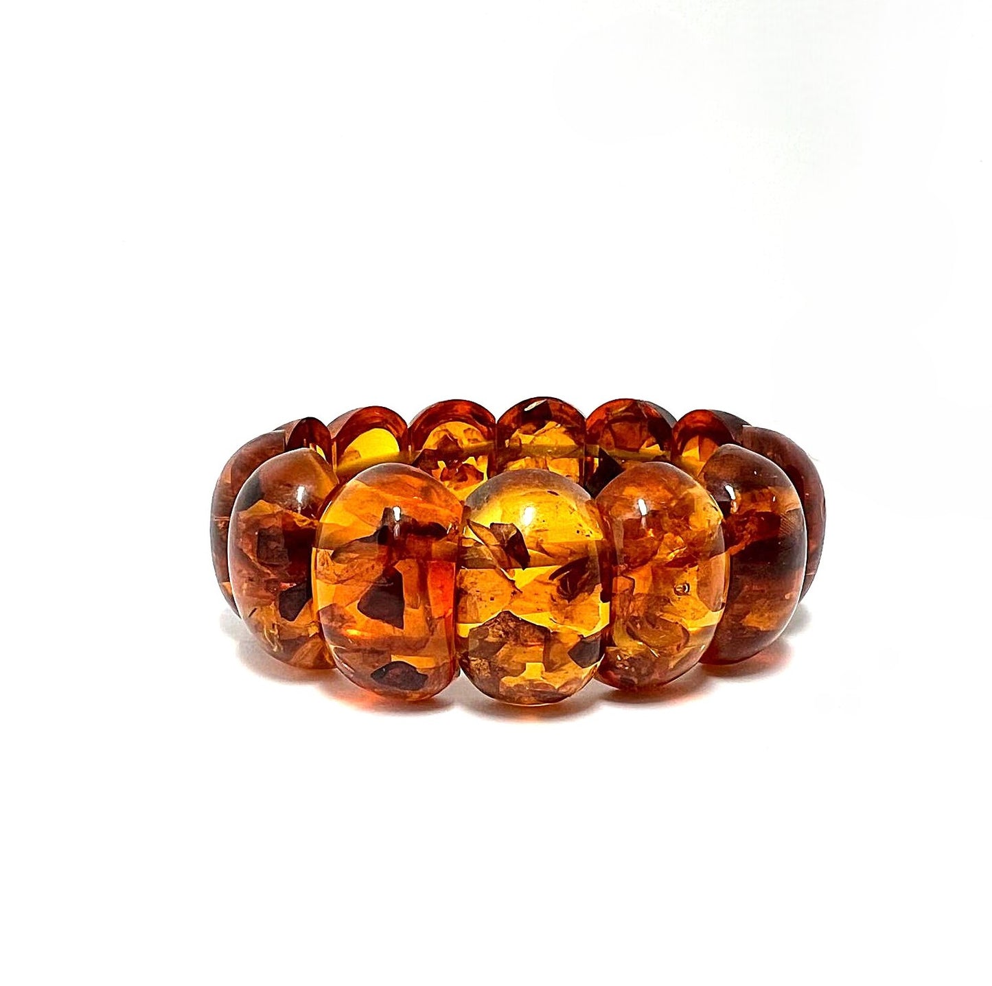 Vintage Bernstein Armband Cognac Konjak elastisch mit Inklusen 24mm Breite