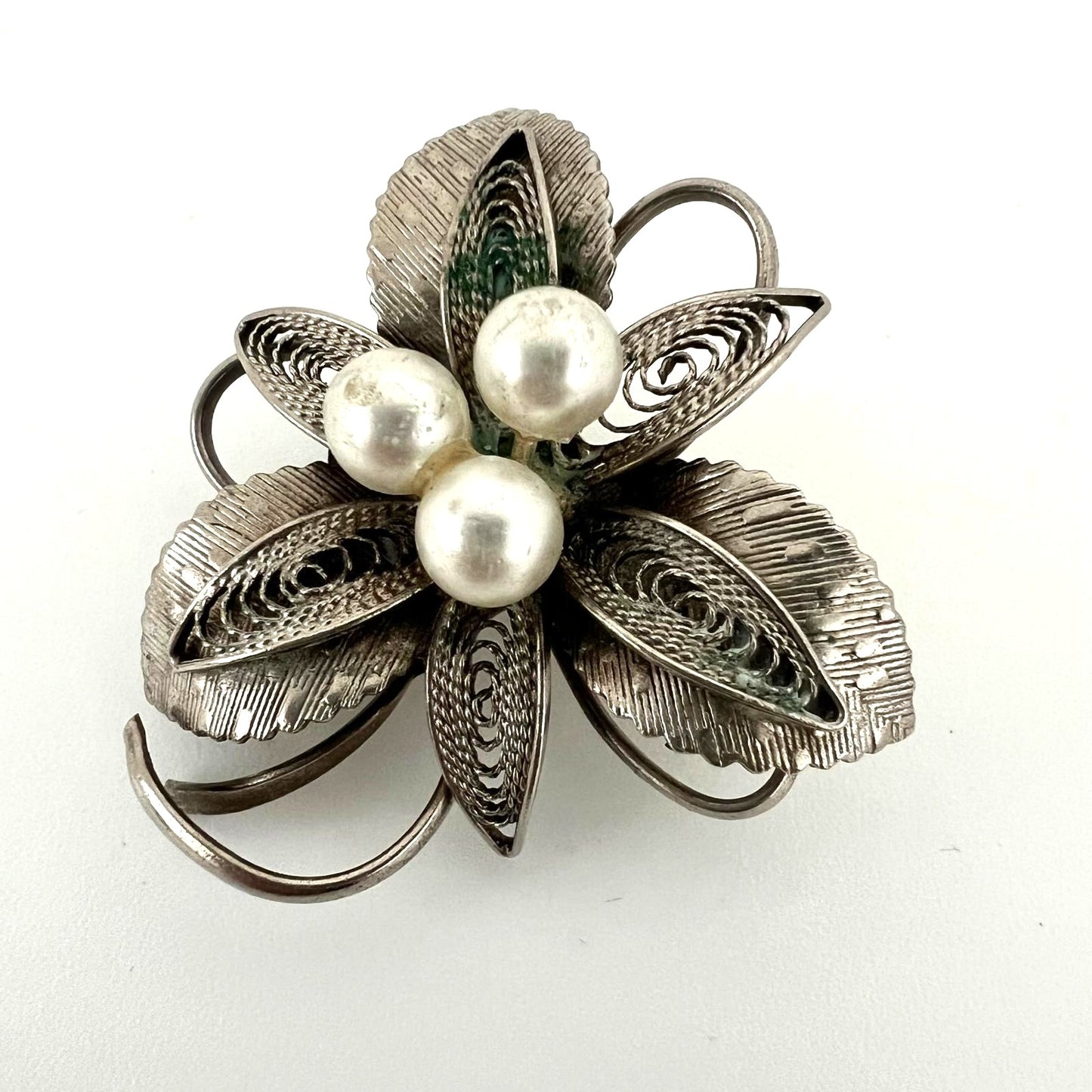 Art Deko Silber Brosche mit Perlen