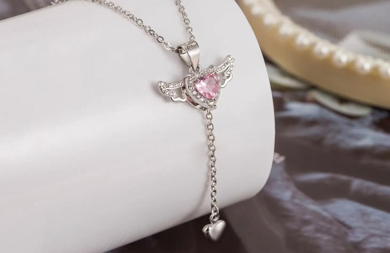 Movable Angel Wing Heart Crystal Pendant Necklace