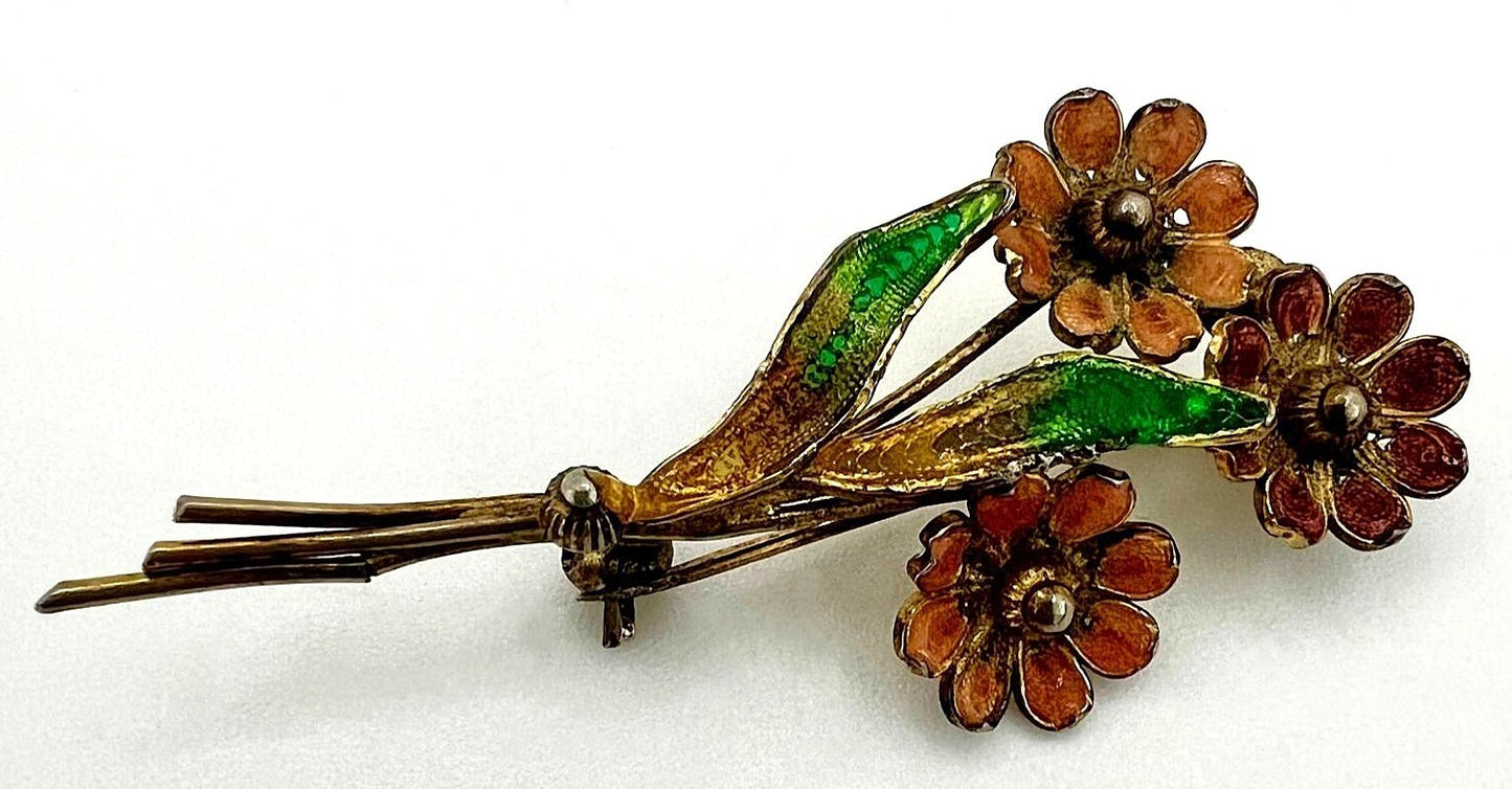 Brosche 800 Silber vergoldet Emaille Blumen