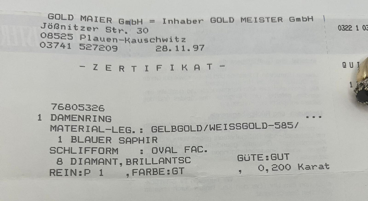 Damenring 585 Gold mit Saphir & 8 Brillanten