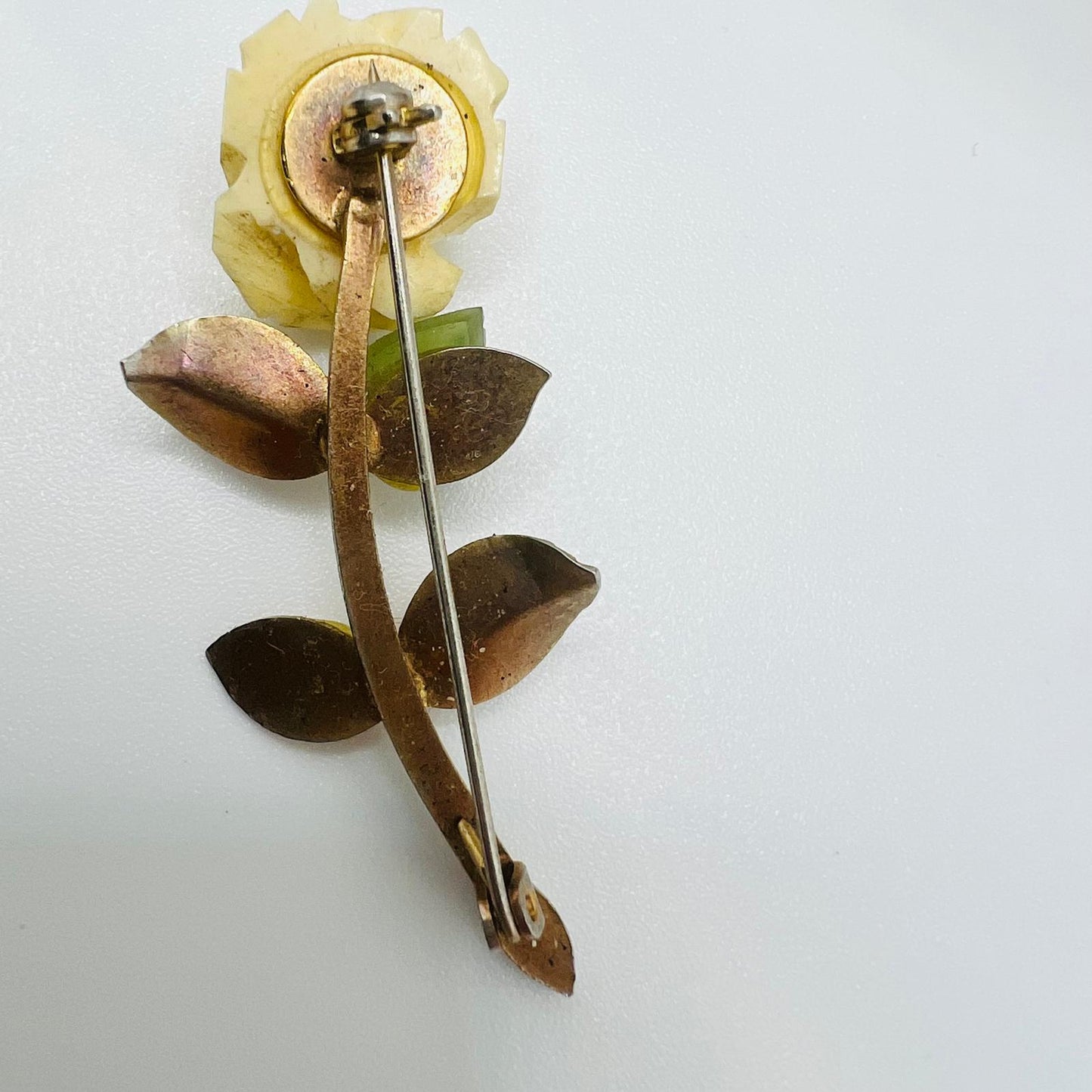 Vintage Brosche Gold Platiert Rose Jade Blumen Blatt