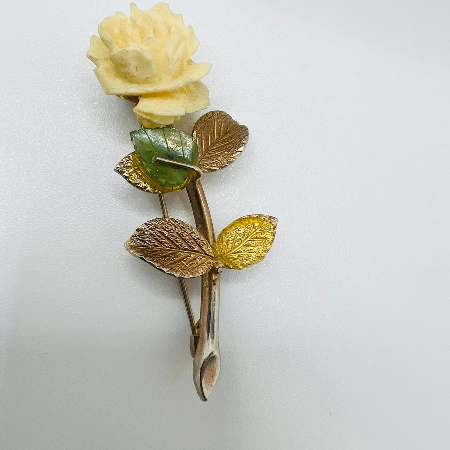 Vintage Brosche Gold Platiert Rose Jade Blumen Blatt