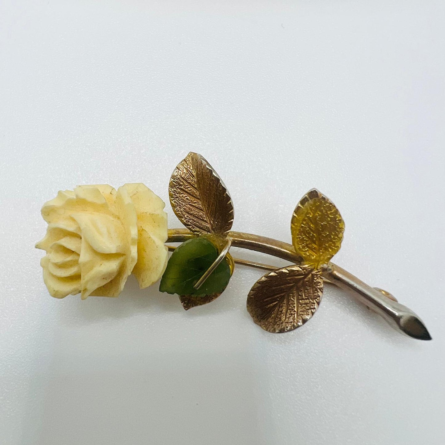 Vintage Brosche Gold Platiert Rose Jade Blumen Blatt