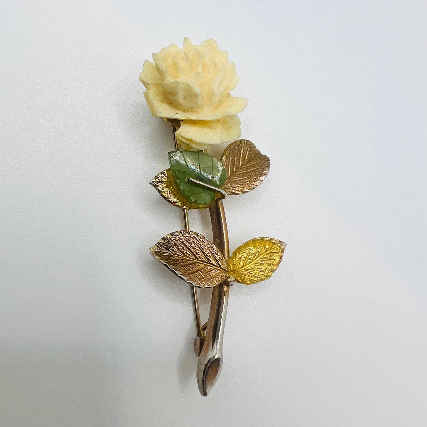 Vintage Brosche Gold Platiert Rose Jade Blumen Blatt