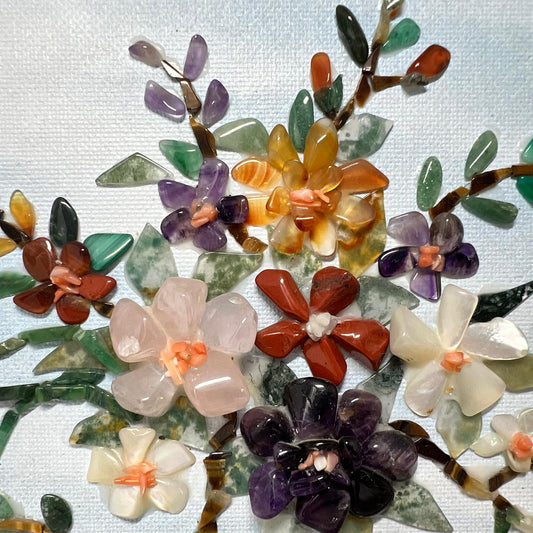 Gemstone Art Blumenbild 1999 – Amethyst Rosenquarz Aventurin, 24,5×17,5 cm