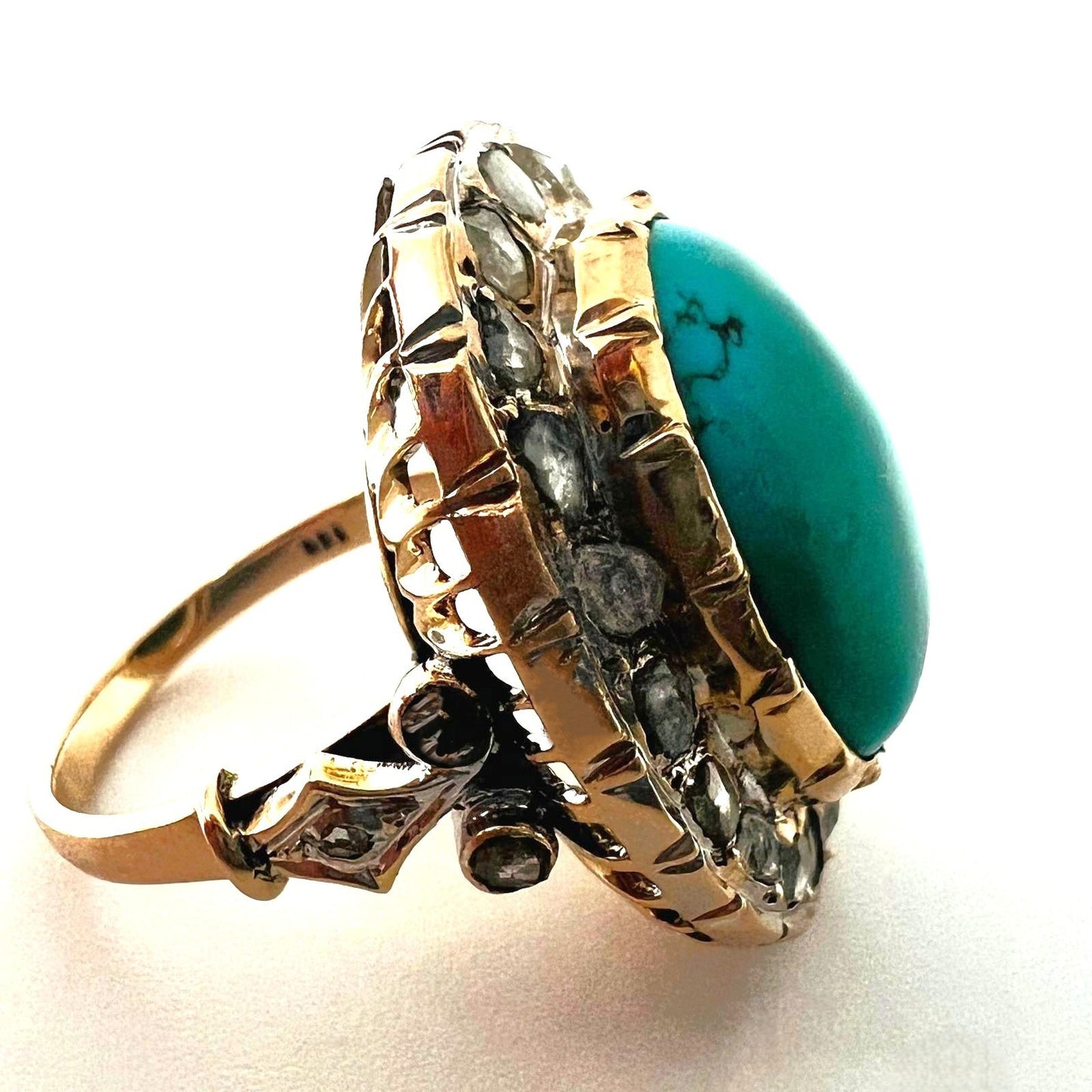  14K Goldring Türkis Cabochon & 26 Rosenschliff-Diamanten