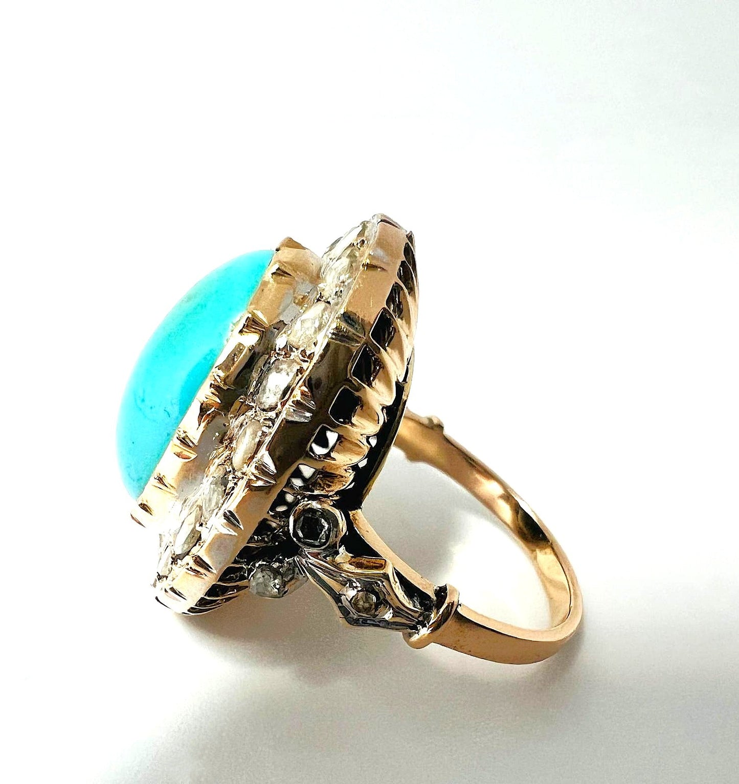  14K Goldring Türkis Cabochon & 26 Rosenschliff-Diamanten