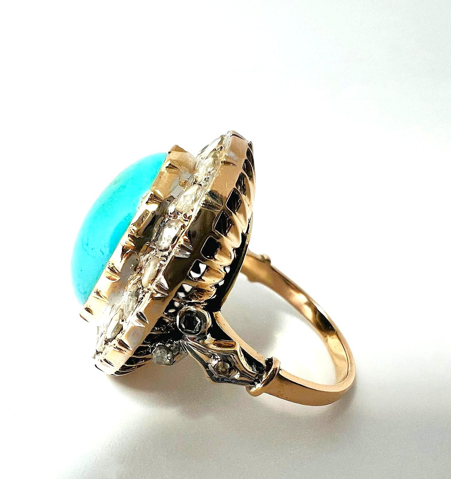  14K Goldring Türkis Cabochon & 26 Rosenschliff-Diamanten