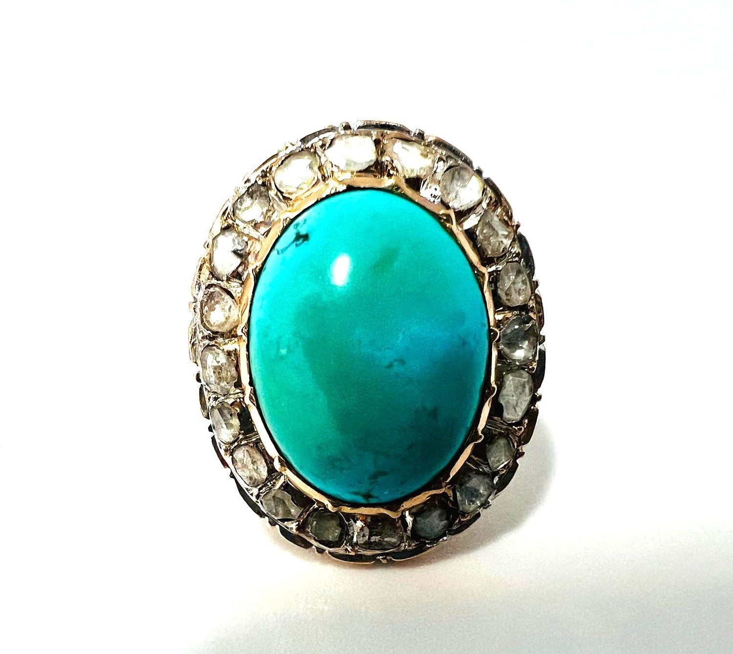  14K Goldring Türkis Cabochon & 26 Rosenschliff-Diamanten