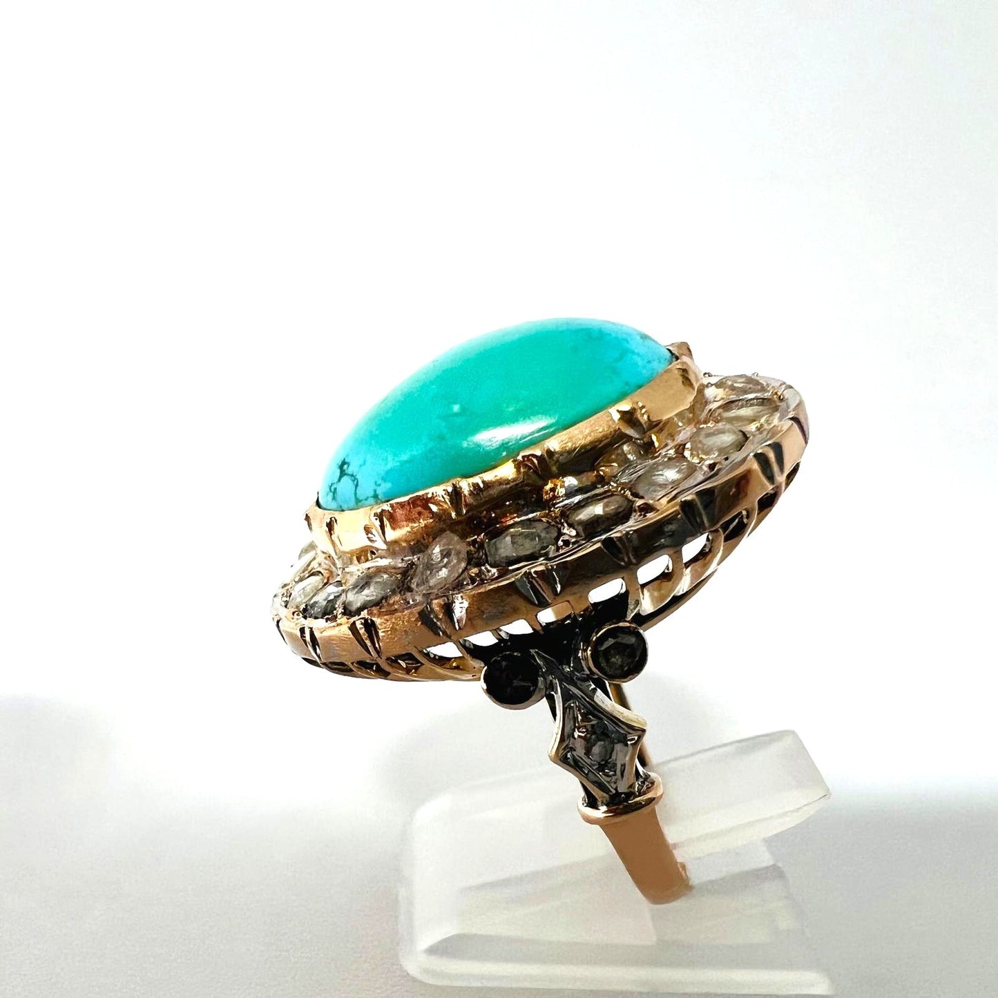  14K Goldring Türkis Cabochon & 26 Rosenschliff-Diamanten