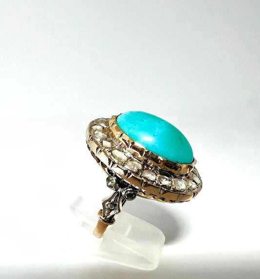  14K Goldring Türkis Cabochon & 26 Rosenschliff-Diamanten
