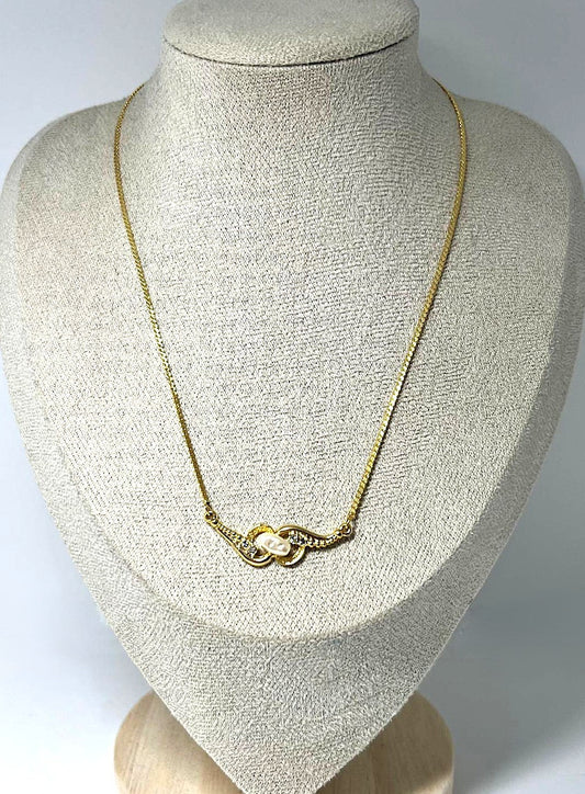 Vintage Kette goldfarben Süßwasserperle & Zirkonia 