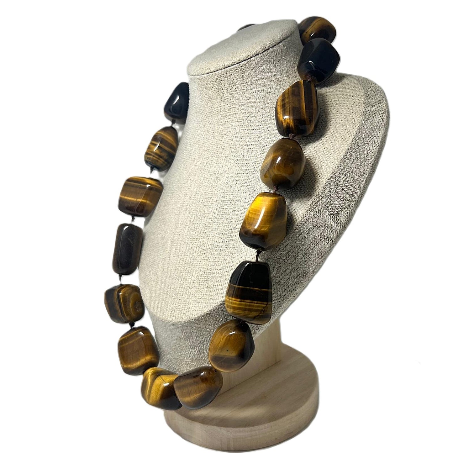 XXL Tigerauge Edelsteinkette Designer Statement Collier, handgeknotet, Vintage