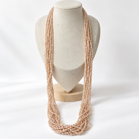 Vintage 12-reihige Süßwasserperlen Kette 88 cm Rosé-Peach