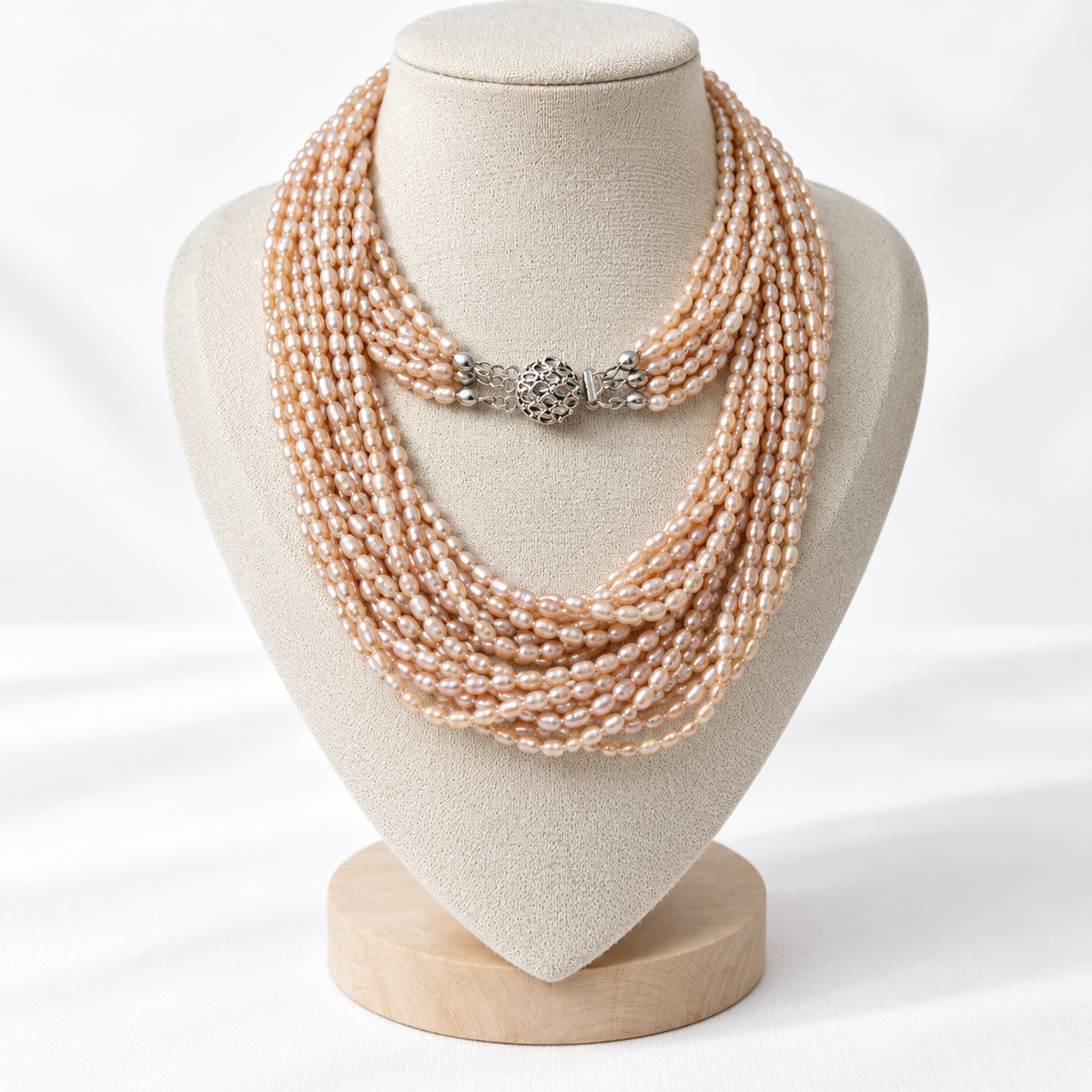 Vintage 12-reihige Süßwasserperlen Kette 88 cm Rosé-Peach