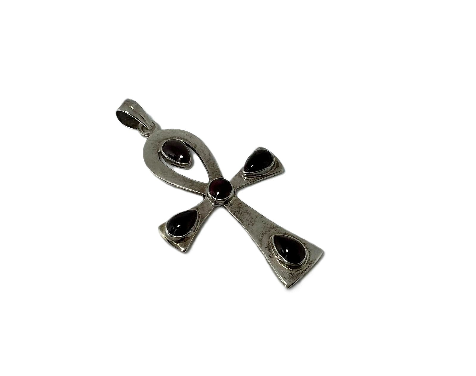 Großer 925 Silber Ankh Anhänger mit Granat