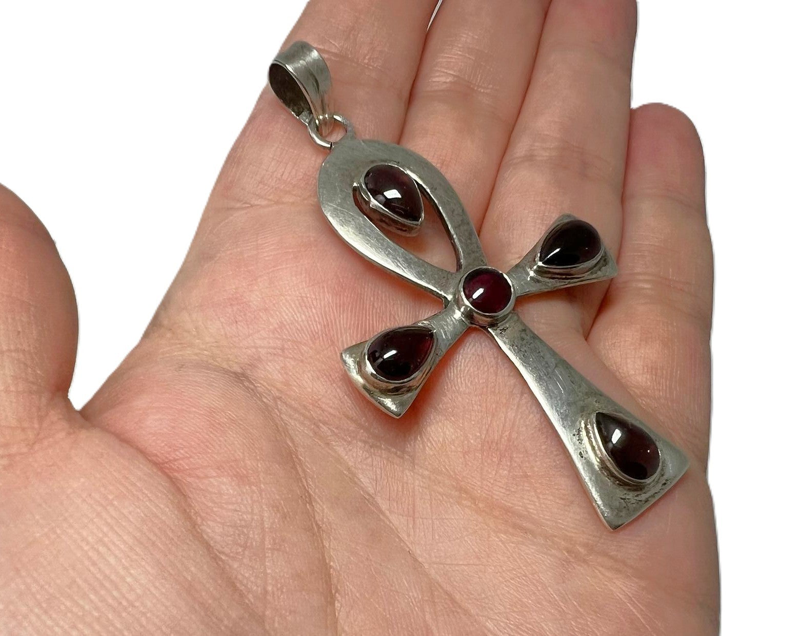 Großer 925 Silber Ankh Anhänger mit Granat
