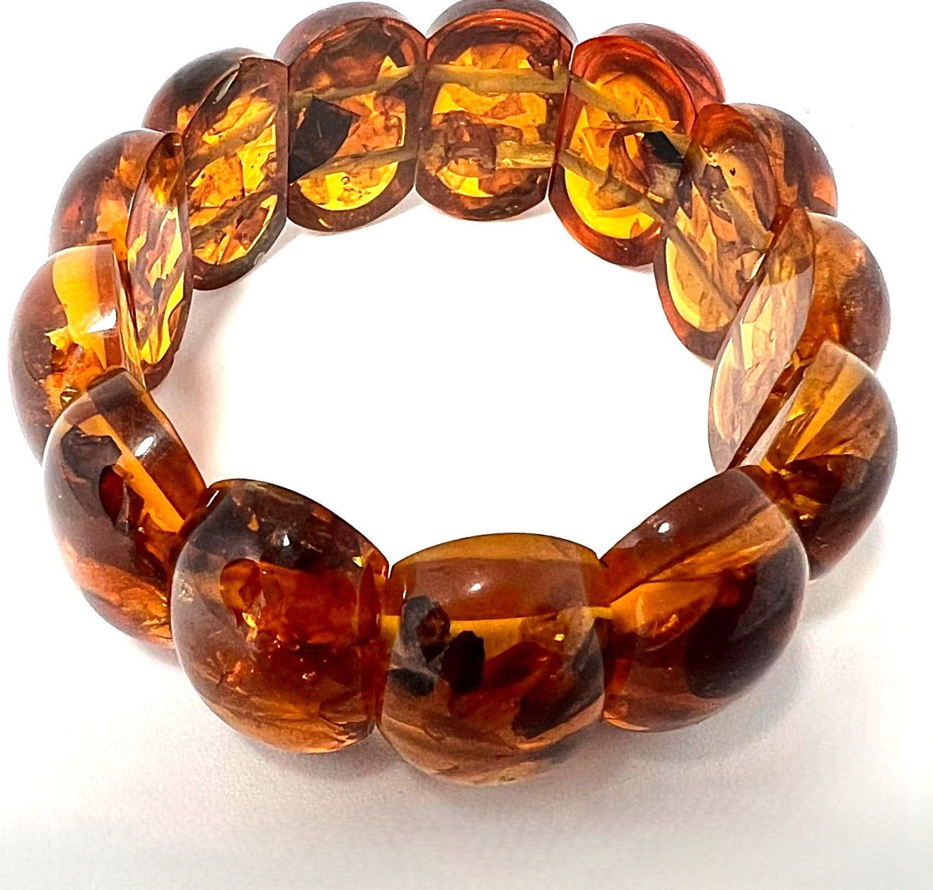 Vintage Bernstein Armband Cognac Konjak elastisch mit Inklusen 24mm Breite