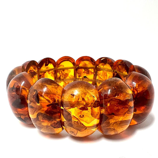 Vintage Bernstein Armband Cognac Konjak elastisch mit Inklusen 24mm Breite