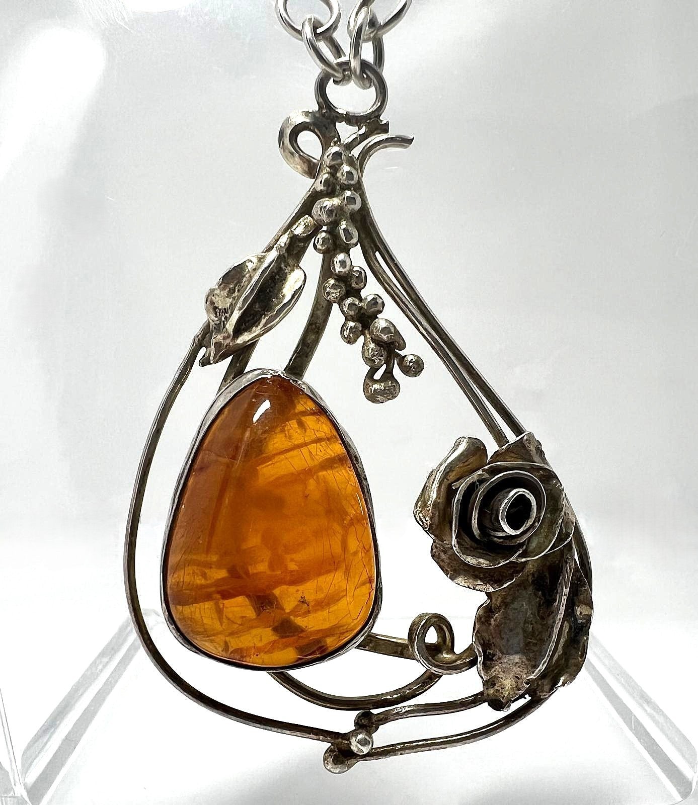 Silberkette mit Cognac Bernstein Anhänger