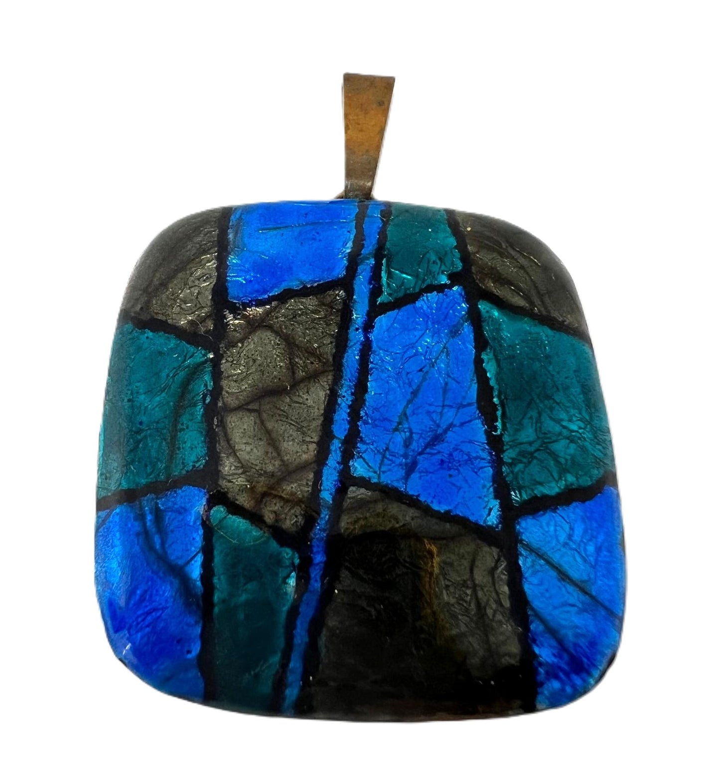 Vintage Modernist Emaille Anhänger – großes handgefertigtes Designerstück Blau Grün Metallic