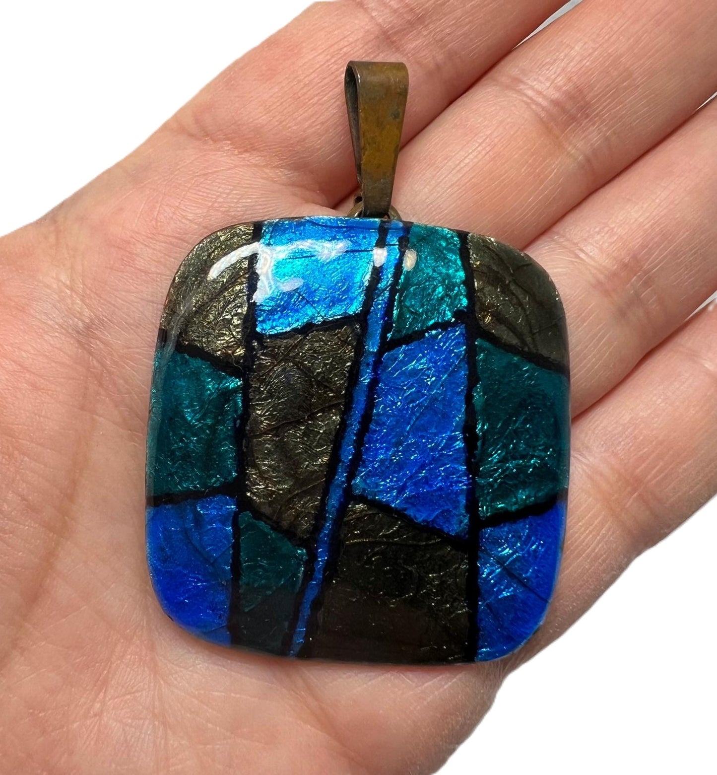 Vintage Modernist Emaille Anhänger – großes handgefertigtes Designerstück Blau Grün Metallic