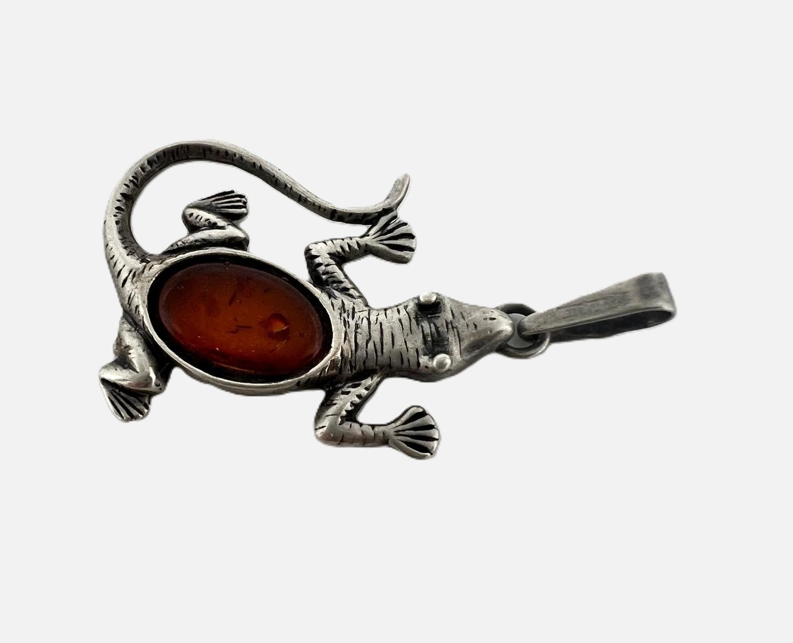 Silber Gecko Anhänger mit Bernstein