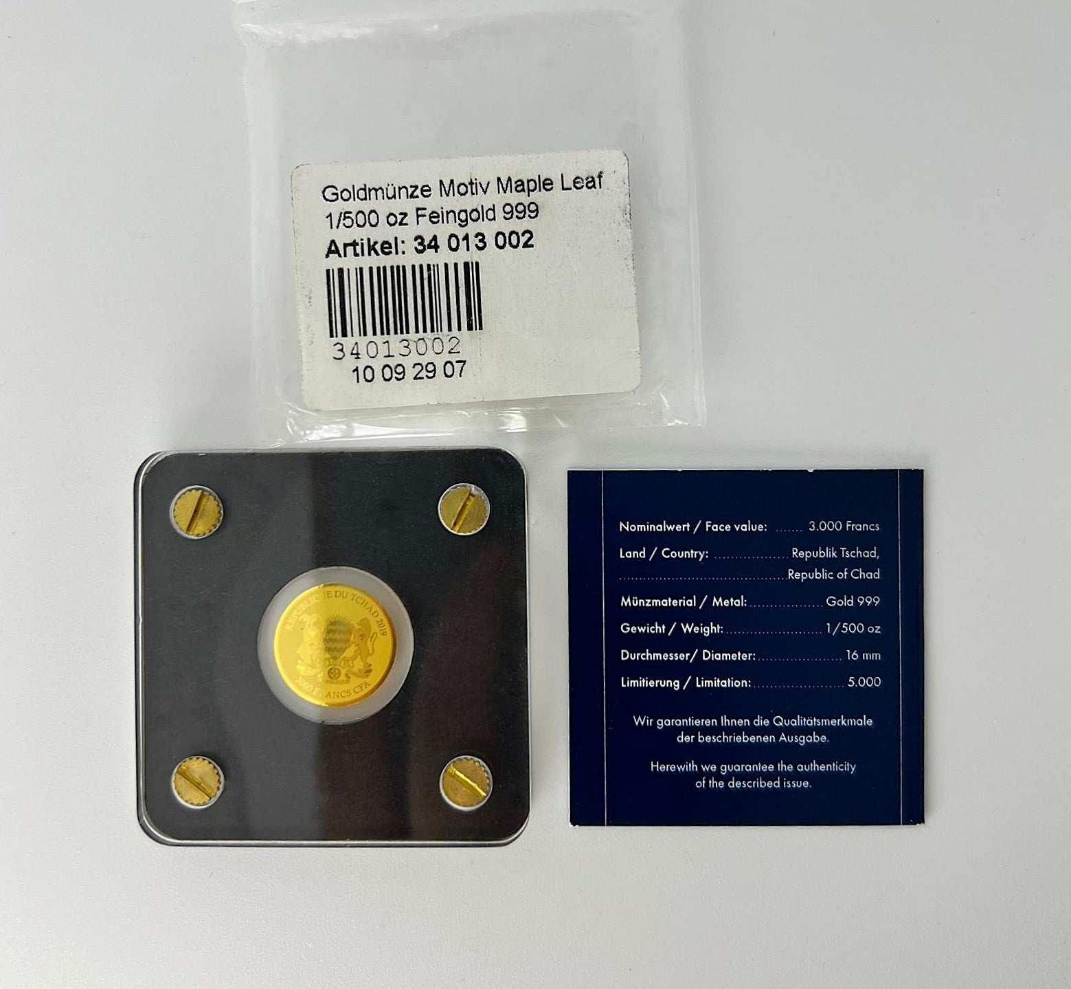 Tschad 3000 Francs 2019 Maple Leaf Gold 