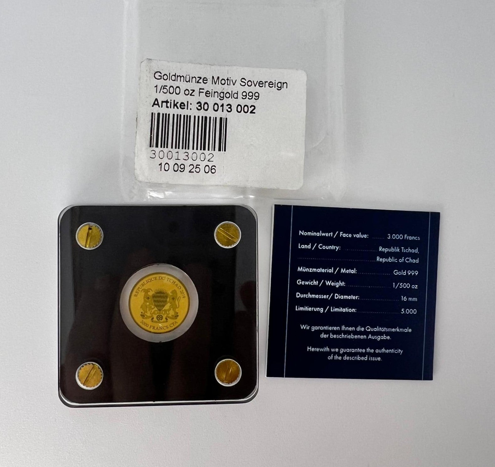 Tschad 3000 Francs 2019 Sovereign Gold 999