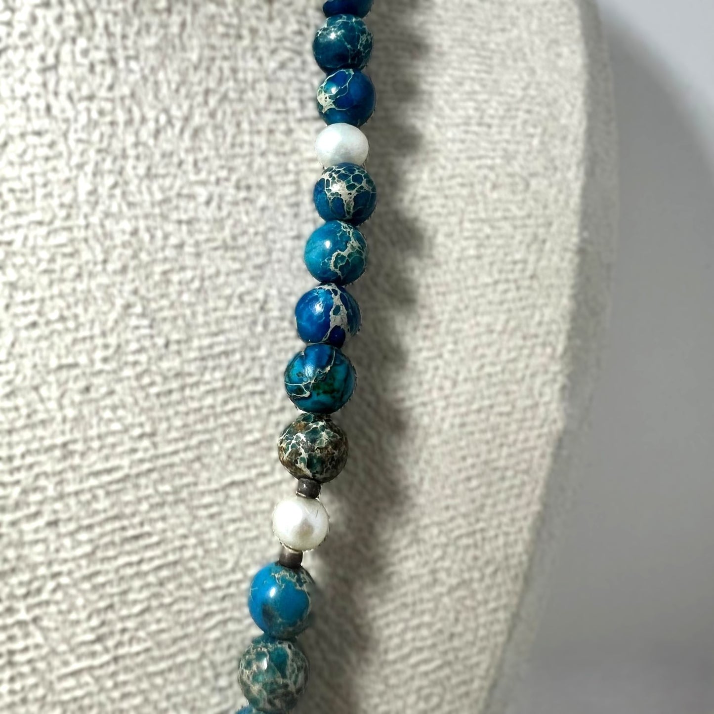 DOR 925 Silber Edelsteinkette Blue Impression Jasper Perlen Spirale Vintage