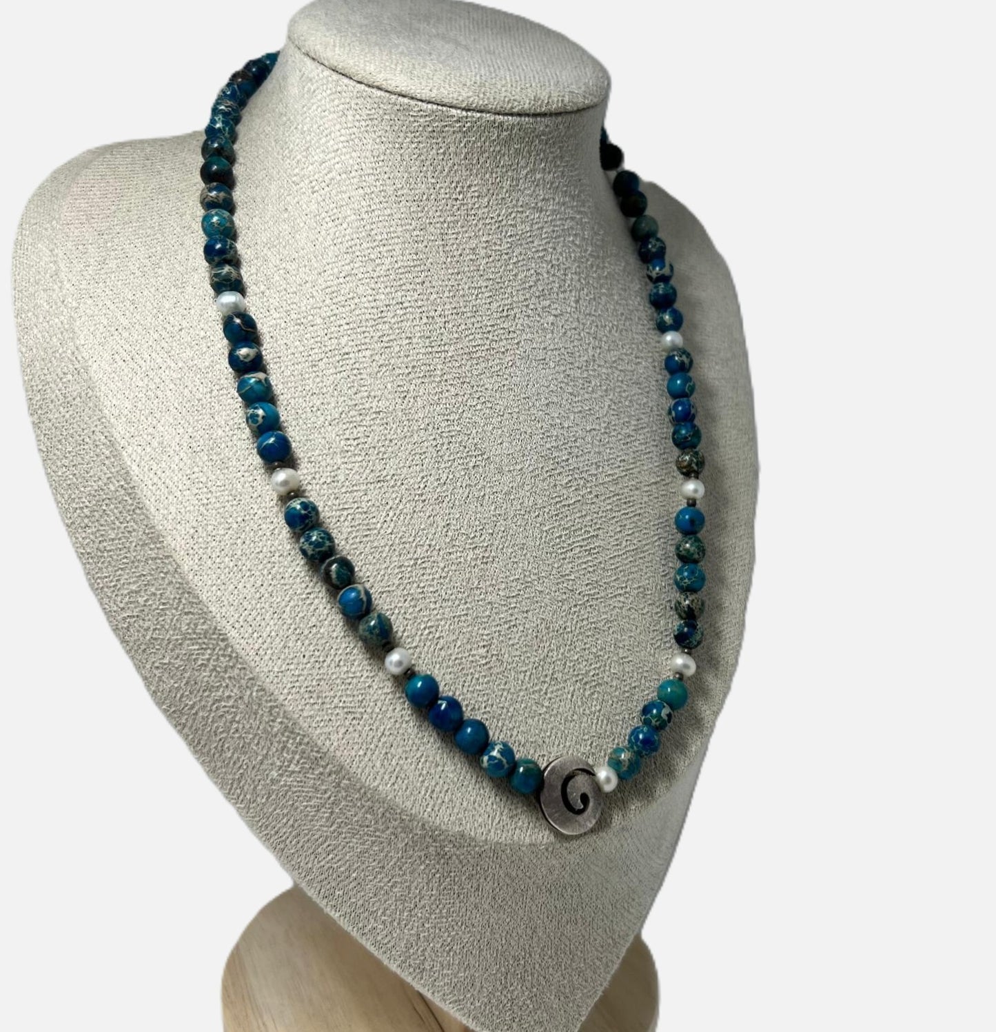 DOR 925 Silber Edelsteinkette Blue Impression Jasper Perlen Spirale Vintage