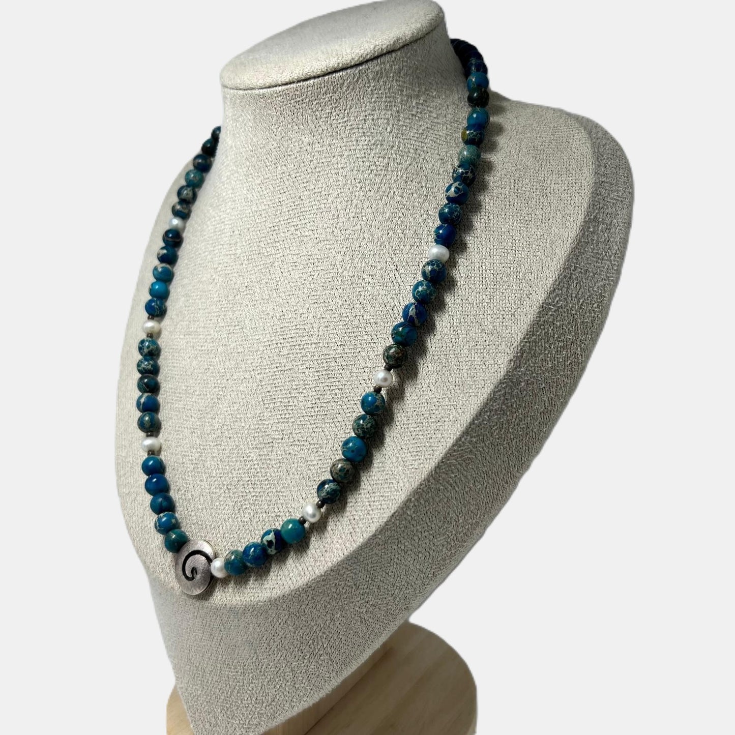 DOR 925 Silber Edelsteinkette Blue Impression Jasper Perlen Spirale Vintage