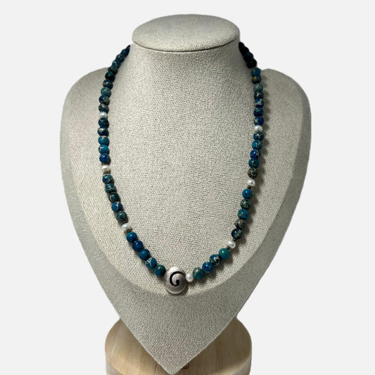 DOR 925 Silber Edelsteinkette Blue Impression Jasper Perlen Spirale Vintage