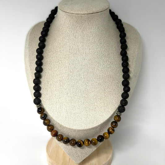 Statementkette aus Tigerauge und Lavastein