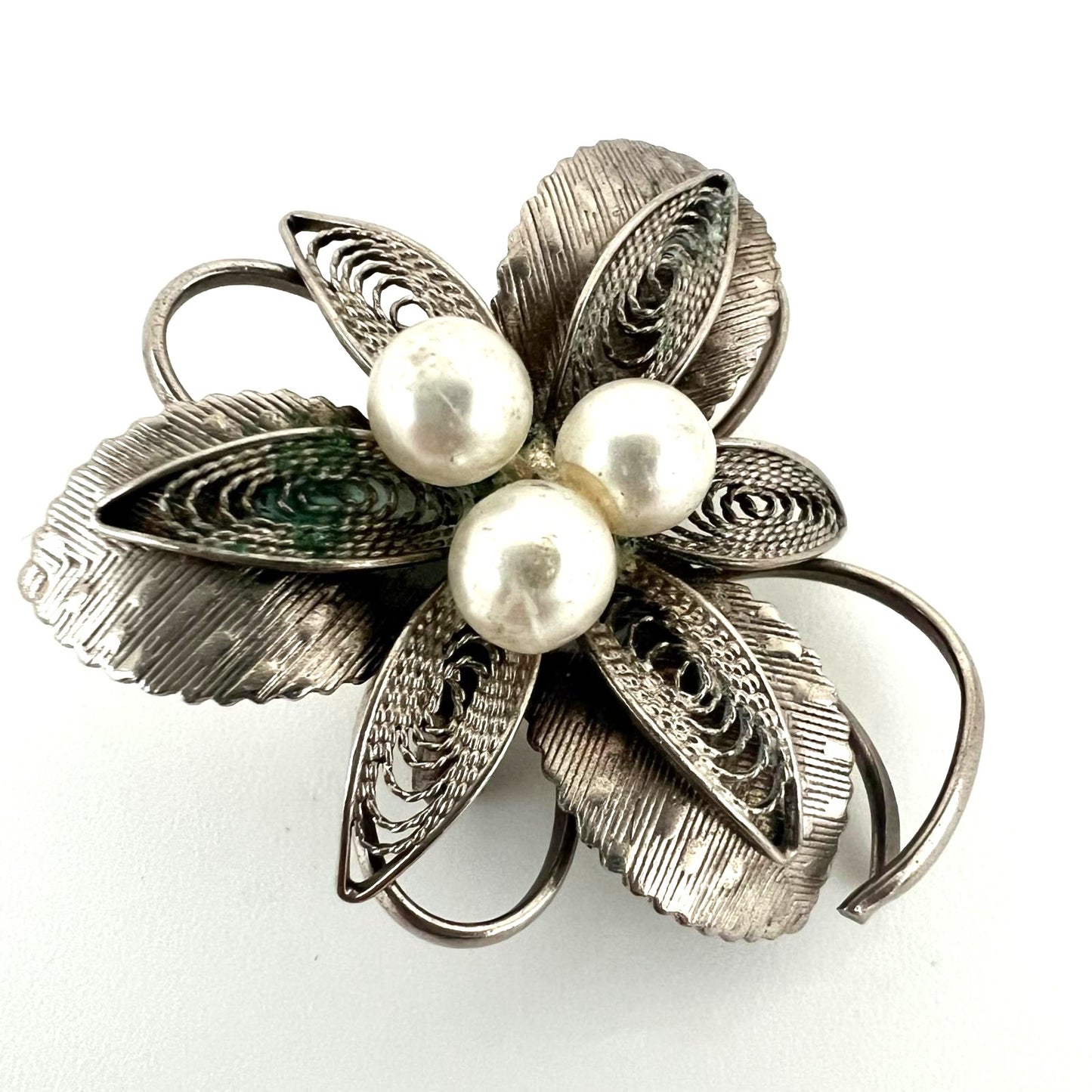 Art Deko Silber Brosche mit Perlen 