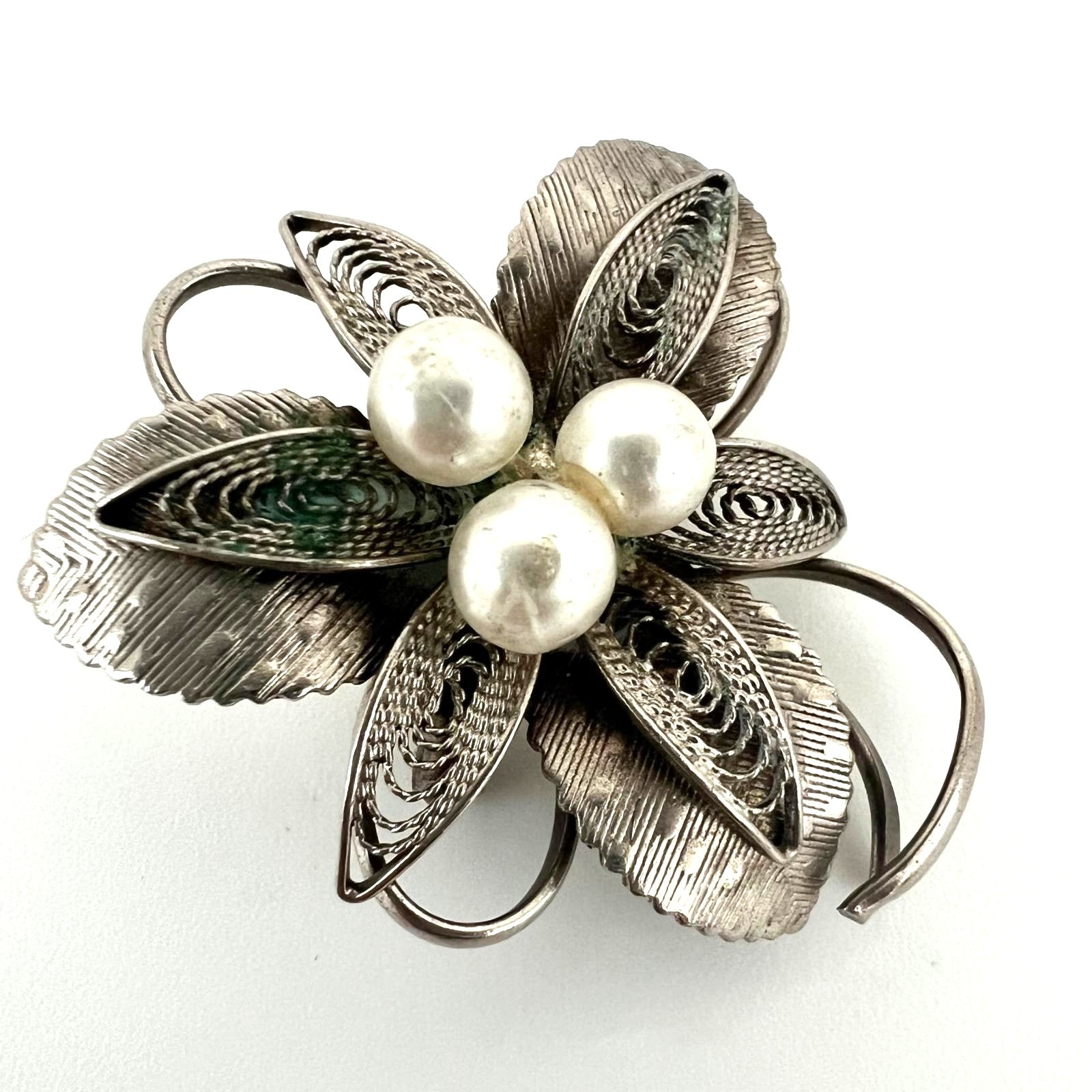Art Deko Silber Brosche mit Perlen 