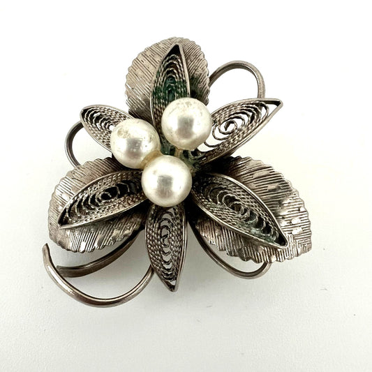 Art Deko Silber Brosche mit Perlen 