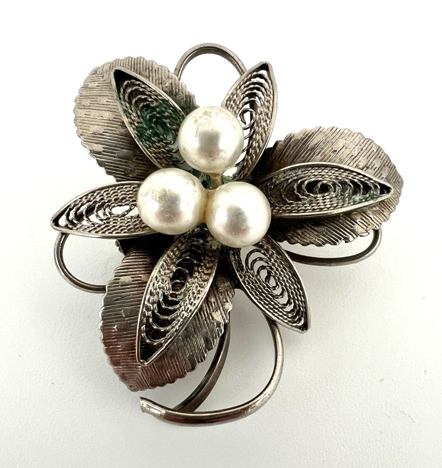 Art Deko Silber Brosche mit Perlen 