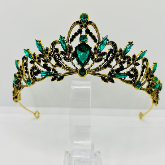 Baroque style tiara crown in gold – rhinestones in green and black – elegant tiara