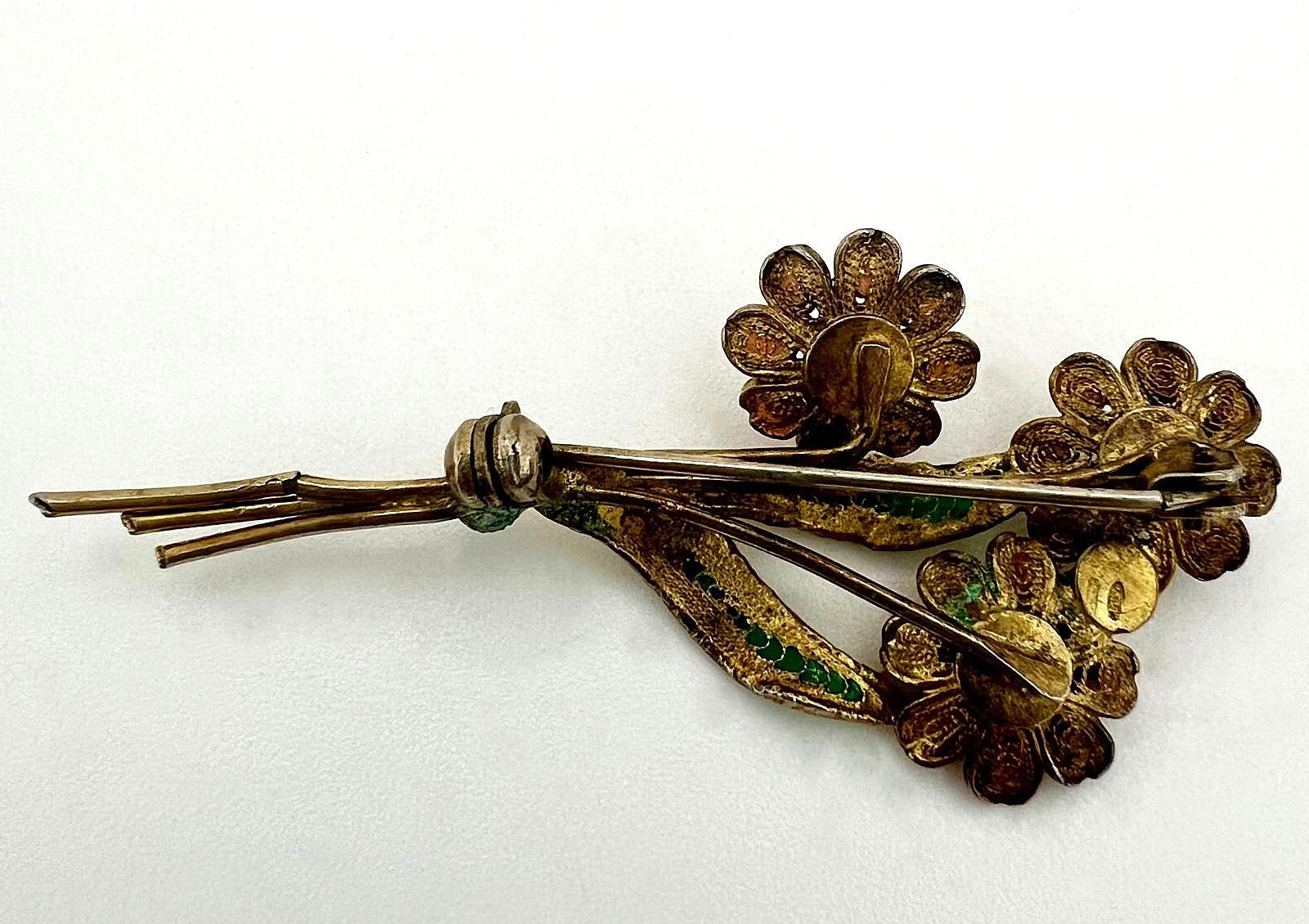 Brosche 800 Silber vergoldet Emaille Blumen 