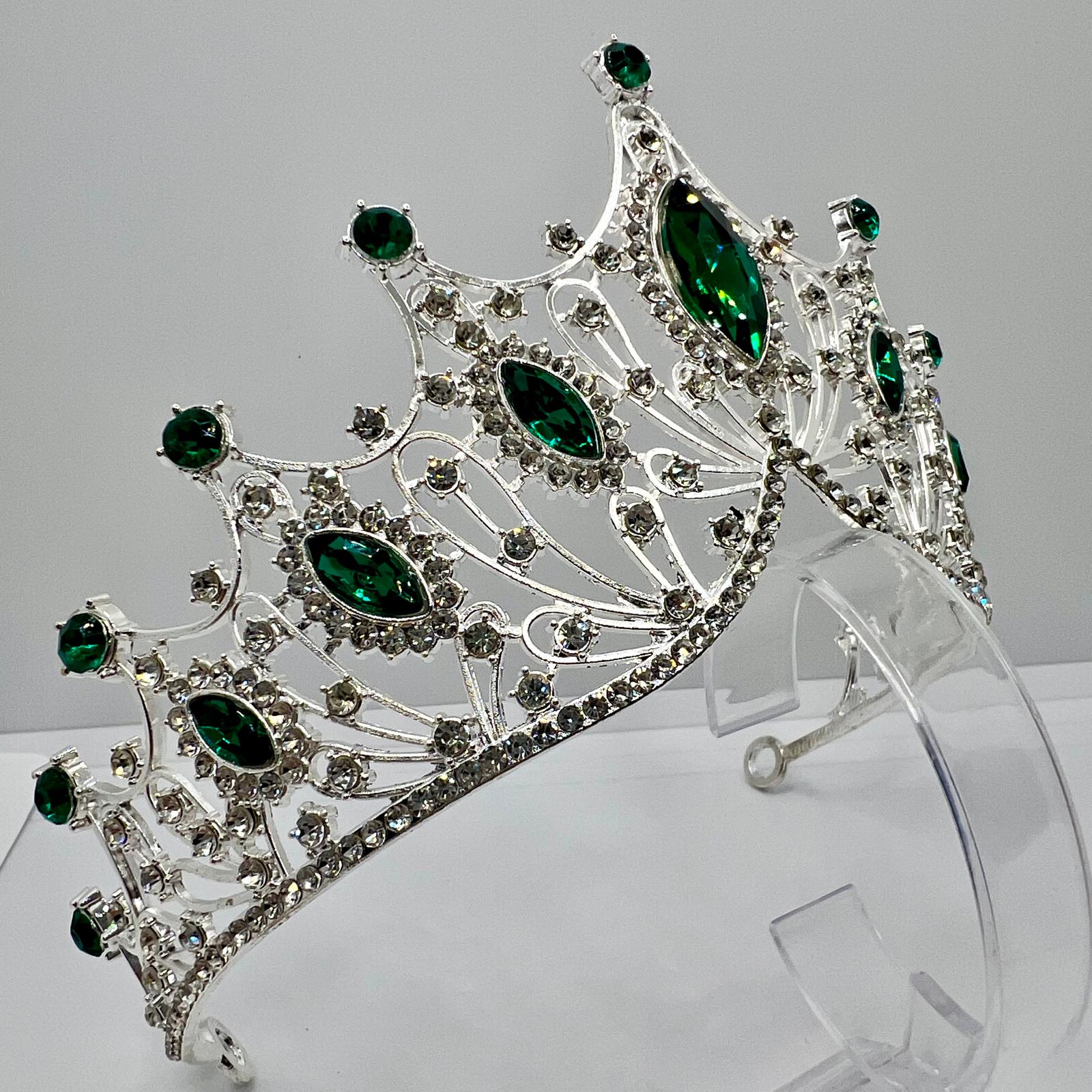 Diadem Krone in Silber mit Grün Weiß Strasssteinen