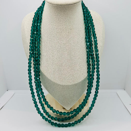 Handmade three-row vintage glass bead necklace with green faceted design