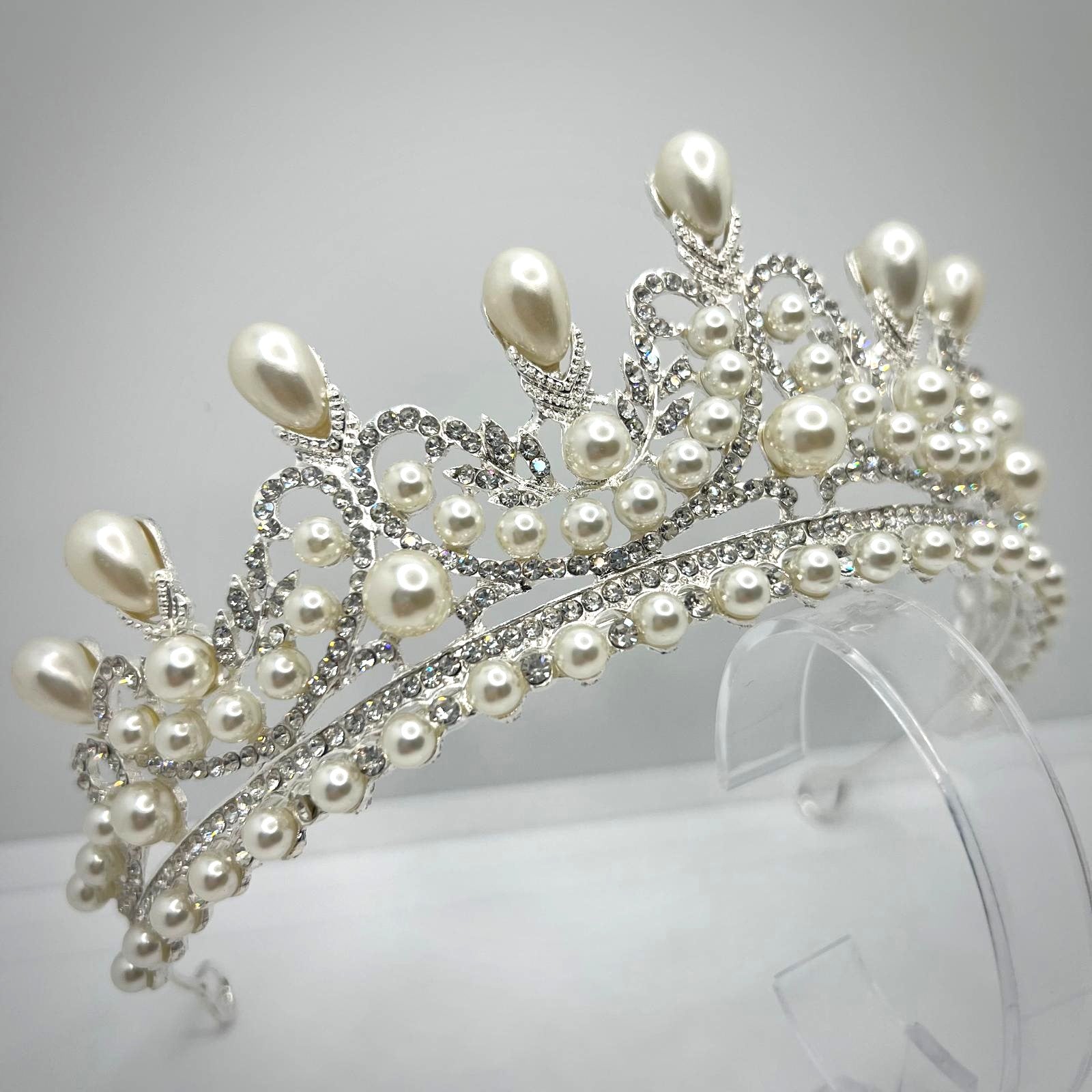  Kristallkrone Queen Tiara Diadem in Silber mit Perlen 