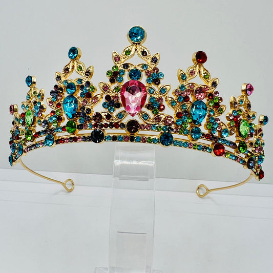  Diadem Krone in Gold mit Multicolor Strasssteinen