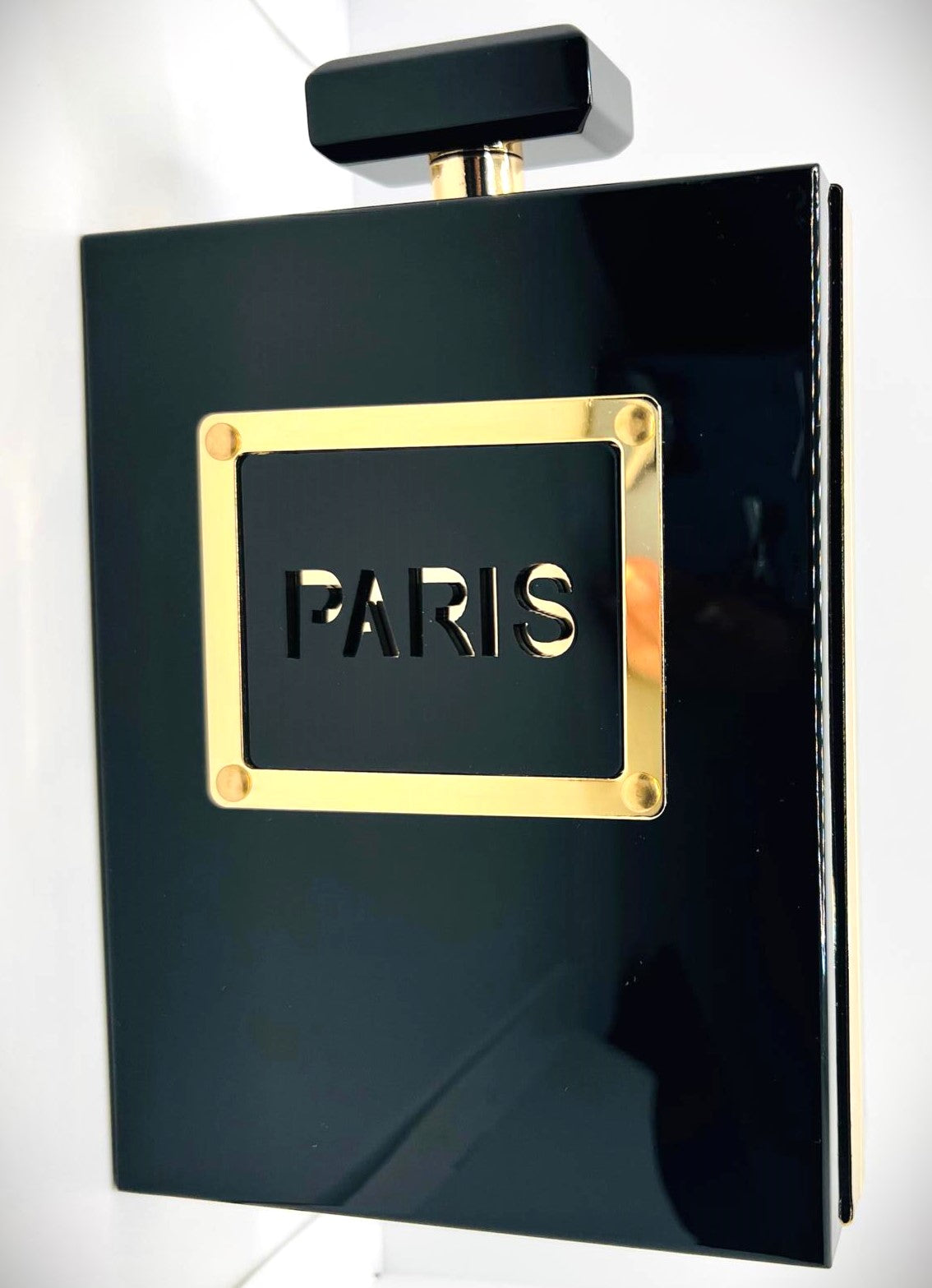Paris Gold Schwarz Flocon Clutch | Designer Statement Tasche mit abnehmbarer Schulterkette
