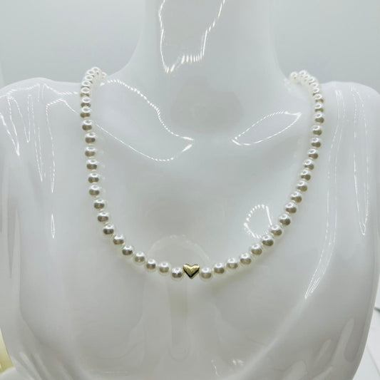 Perlen Collier mit Herz Anhänger Gold